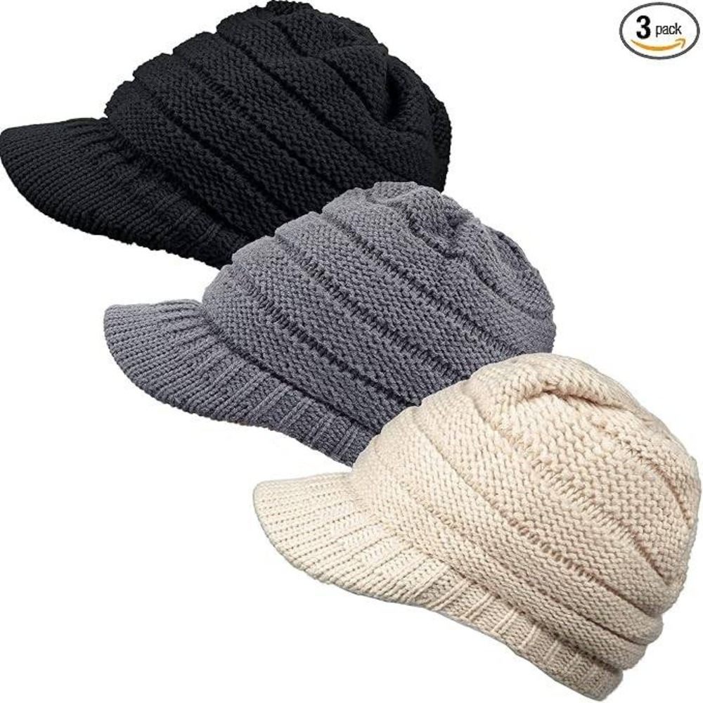 MSRP $22 SATINIOR 3 Pack Women's Winter Hats Warm Billed Beanie Hats Ribbed
